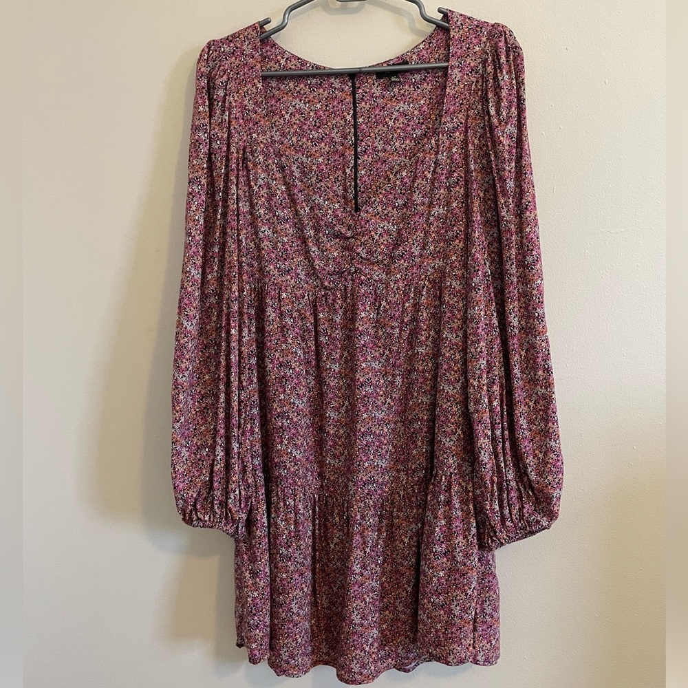 EUC AFRM Pink Floral tired mini dress; long sleeve size small
